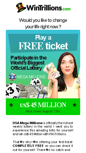 Scam phishing page WinTrillions.com featuring woman holding dollar bills and advertising a draw for  million dollars